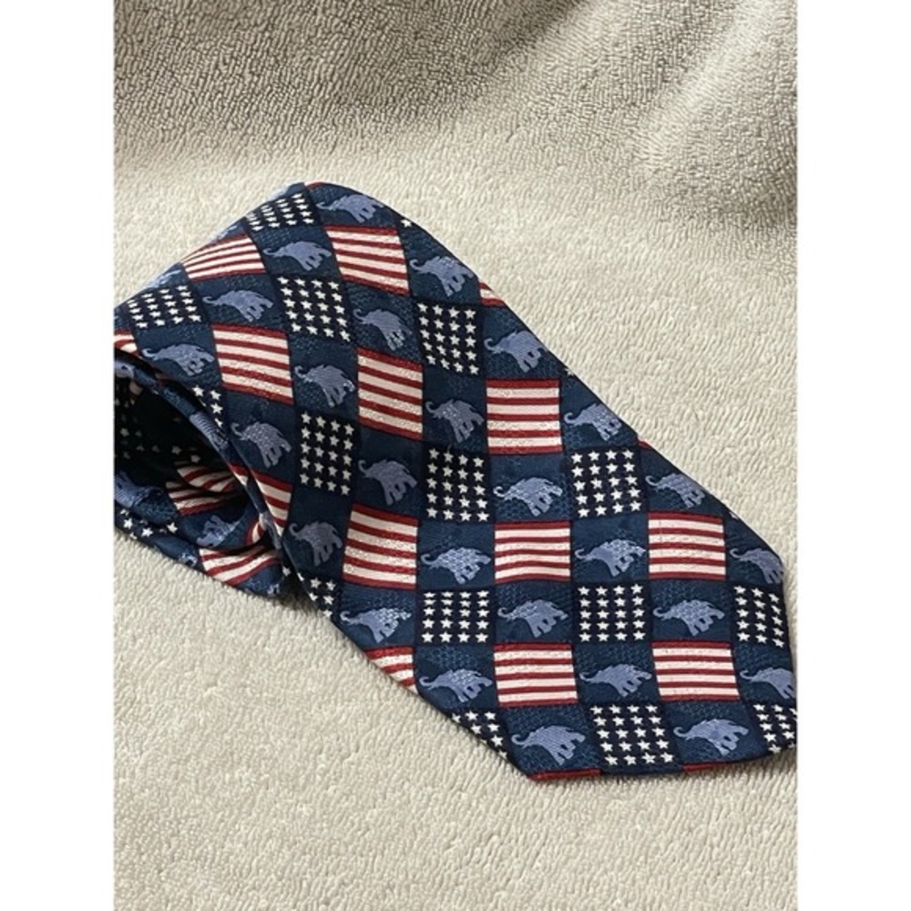 Republican Elephants Blue Patriotic Necktie American Flags‎ 100% silk RM Style